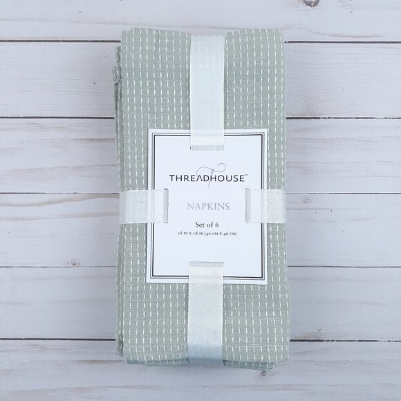 Threadhouse Fabric Dinner Napkins Set of 6 Sage Green White Dashes 18x18 - Picture 1 of 2